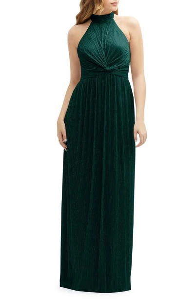 Shop After Six Metallic Pleated Halter Column Gown In Evergreen Metallic