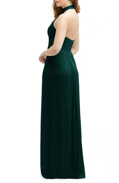 Shop After Six Metallic Pleated Halter Column Gown In Evergreen Metallic