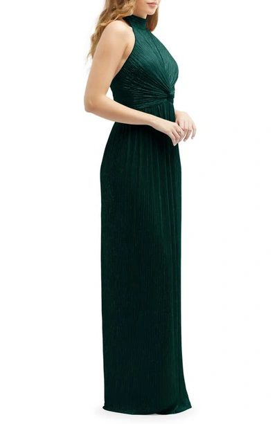 Shop After Six Metallic Pleated Halter Column Gown In Evergreen Metallic