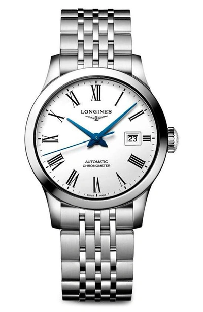 Shop Longines Record Automatic Bracelet Watch, 40mm In Silver/ White/ Silver