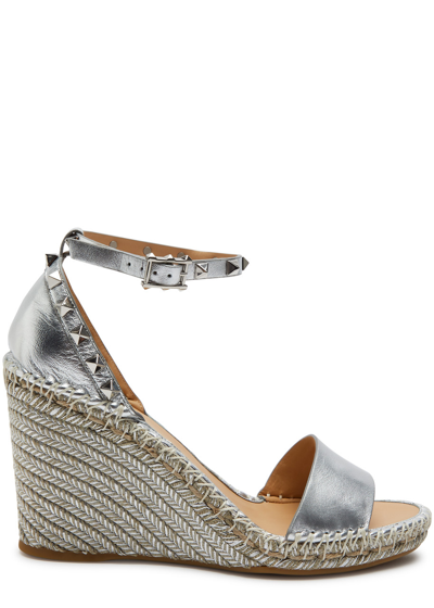 Shop Valentino Rockstud 95 Leather Wedge Espadrilles In Silver