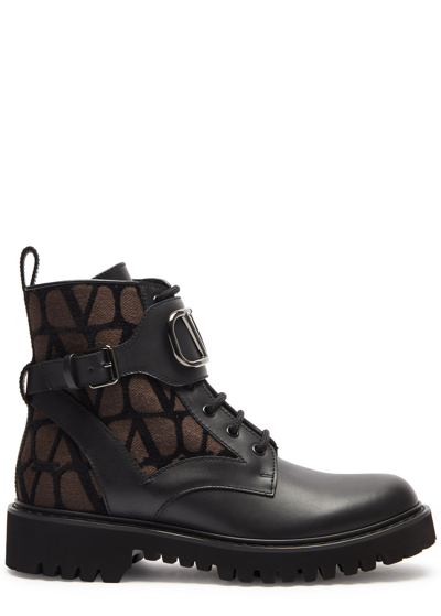 Shop Valentino Vlogo-jacquard And Leather Ankle Boots In Black