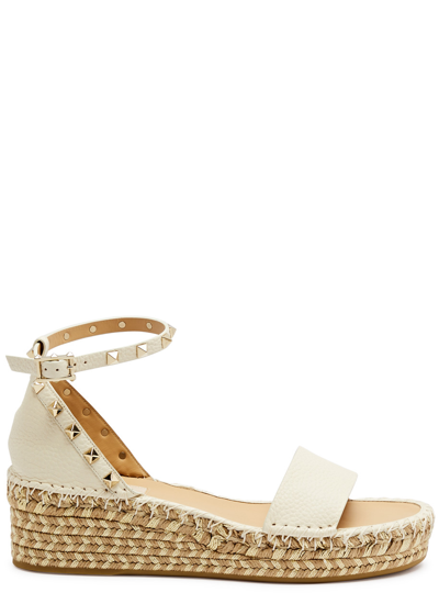 Shop Valentino Rockstud 50 Leather Wedge Espadrilles In Ivory