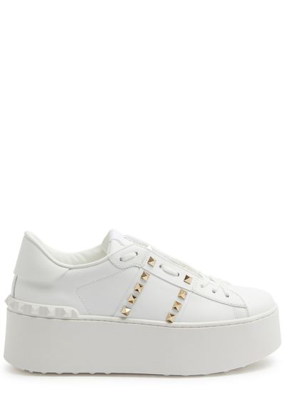 Shop Valentino Rockstud Untitled Leather Flatform Sneakers In White