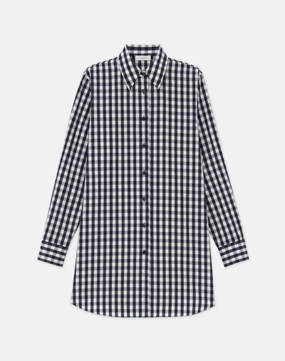 Shop Lafayette 148 Gingham Crinkle Cotton-linen Tunic Shirt In Midnight Blue