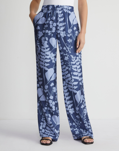 Shop Lafayette 148 Frost Flora Print Silk Twill Perry Pant In Midnight Blue