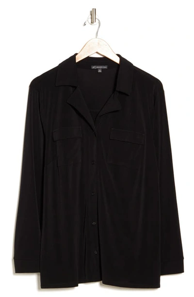 Shop Adrianna Papell Long Sleeve Moss Crepe Button-up Shirt In Black