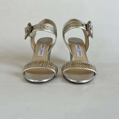 Pre-owned Jimmy Choo Metallic Silver/ Gold Woven Crystal Embellished Buckle Ankle Strap Block Heel Sandals, 38
