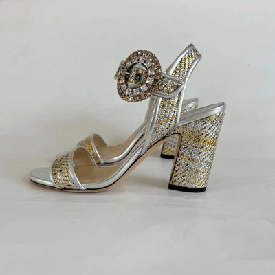 Pre-owned Jimmy Choo Metallic Silver/ Gold Woven Crystal Embellished Buckle Ankle Strap Block Heel Sandals, 38