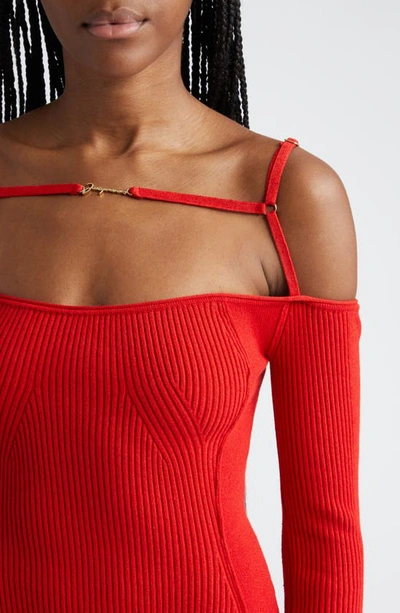 Shop Jacquemus La Robe Sierra Cold Shoulder Long Sleeve Rib Cotton Sweater Dress In Red