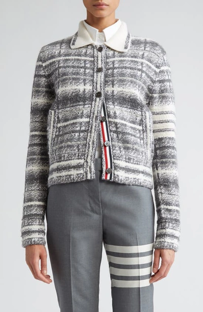 Shop Thom Browne 4-bar Tartan Wool & Mohair Blend Knit Bomber Jacket In Pale Grey