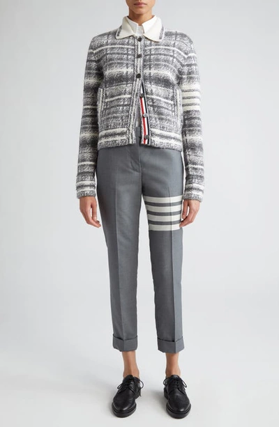 Shop Thom Browne 4-bar Tartan Wool & Mohair Blend Knit Bomber Jacket In Pale Grey