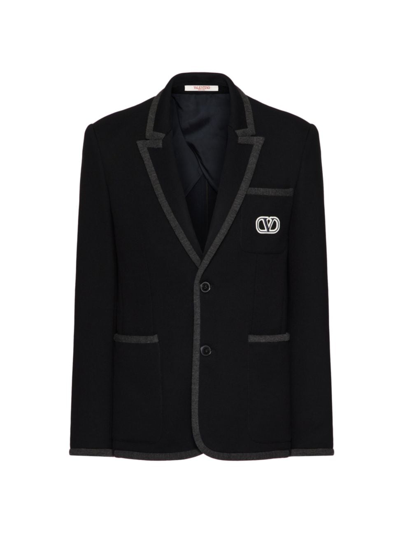 Shop Valentino Men's Single-breasted Cotton Jersey Jacket With Vlogo Signature Patch In Navy
