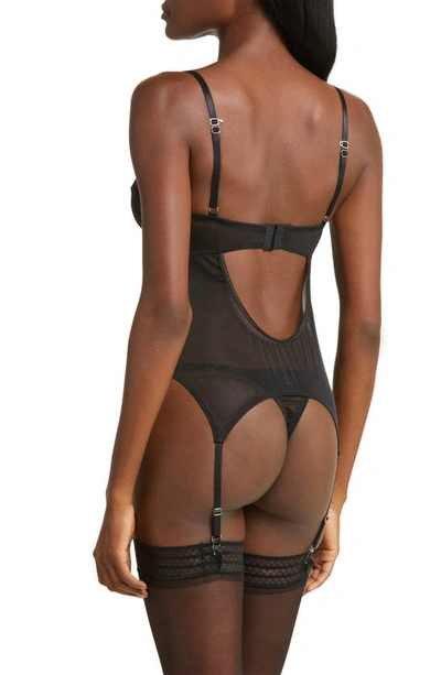 Coquette Lace Underwire Bustier, Garter & Thong Set In Black
