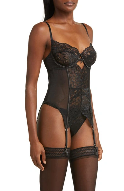 Coquette Lace Underwire Bustier, Garter & Thong Set In Black
