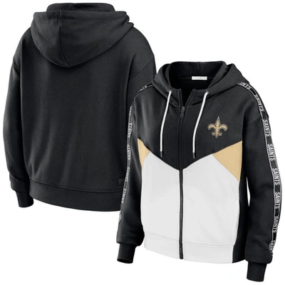 Wear By Erin Andrews Black/white New Orleans Saints Color Block Light Weight Modest Crop Full-zip Ho In Black