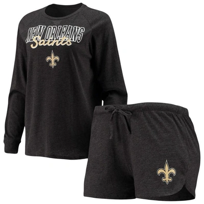 Shop Concepts Sport Black New Orleans Saints Meter Knit Long Sleeve Raglan Top & Shorts Sleep Set
