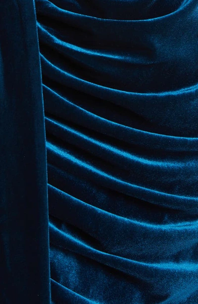 Shop Tahari Asl Beaded Drape Long Sleeve Stretch Velvet Sheath Dress In River Blue