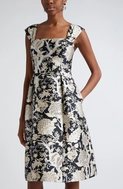 Shop Carolina Herrera Floral Jacquard Fit & Flare Midi Dress In Black/ White