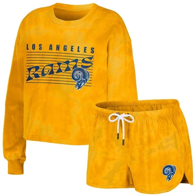 Shop Wear By Erin Andrews Gold Los Angeles Rams Tie-dye Cropped Pullover Sweatshirt & Shorts Lounge Set