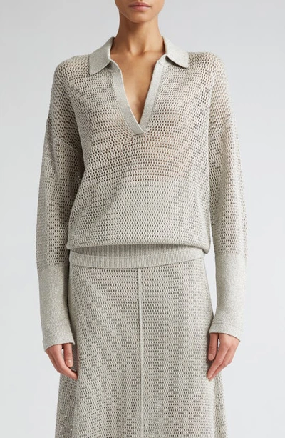 Shop Maria Mcmanus Johnny Collar Shimmer Mesh Polo Sweater In Silver