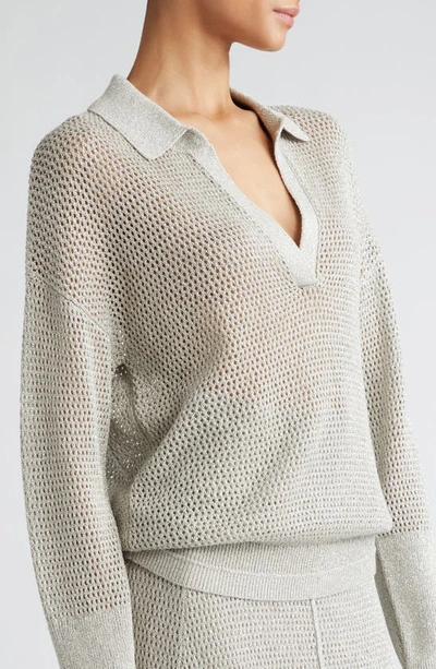Shop Maria Mcmanus Johnny Collar Shimmer Mesh Polo Sweater In Silver