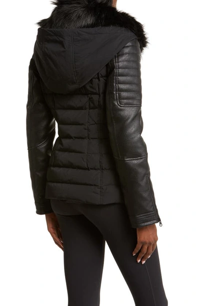 Shop Blanc Noir Sophia Hooded Mixed Media Faux Leather Quilted Jacket With Removable Faux Fur Trim In Black