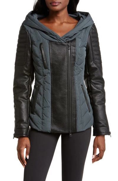 Shop Blanc Noir Sophia Hooded Mixed Media Faux Leather Quilted Jacket With Removable Faux Fur Trim In Dark Forest