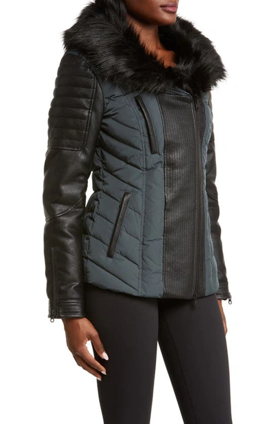 Shop Blanc Noir Sophia Hooded Mixed Media Faux Leather Quilted Jacket With Removable Faux Fur Trim In Dark Forest