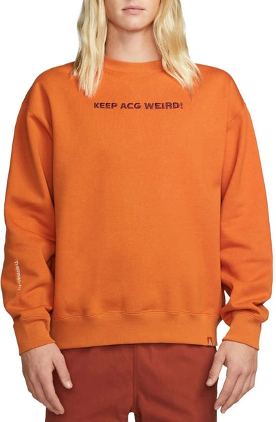 Shop Nike Acg Therma-fit Crewneck Fleece Sweatshirt In Campfire Orange/ Summit White