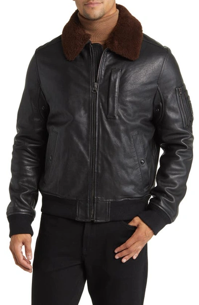 Shop Belstaff Alstone Leather Jacket With Genuine Shearling Collar In Black/ Earth Brown