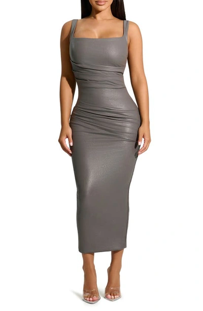 Shop Naked Wardrobe Sleeveless Ruched Faux Leather Midi Dress In Dark Grey