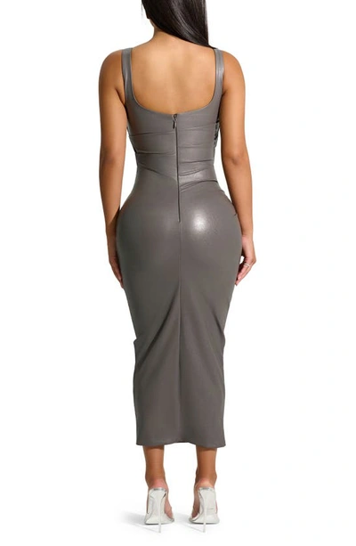 Shop Naked Wardrobe Sleeveless Ruched Faux Leather Midi Dress In Dark Grey