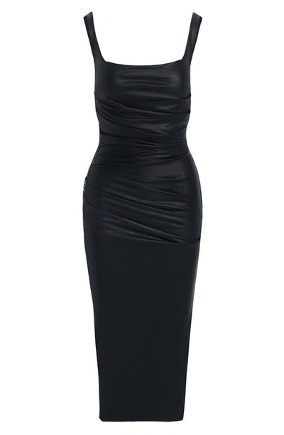 Shop Naked Wardrobe Sleeveless Ruched Faux Leather Midi Dress In Black