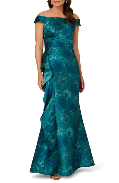 Shop Adrianna Papell Ruffle Off The Shoulder Jacquard Mermaid Gown In Teal Multi