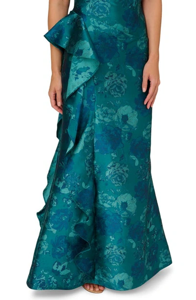 Shop Adrianna Papell Ruffle Off The Shoulder Jacquard Mermaid Gown In Teal Multi