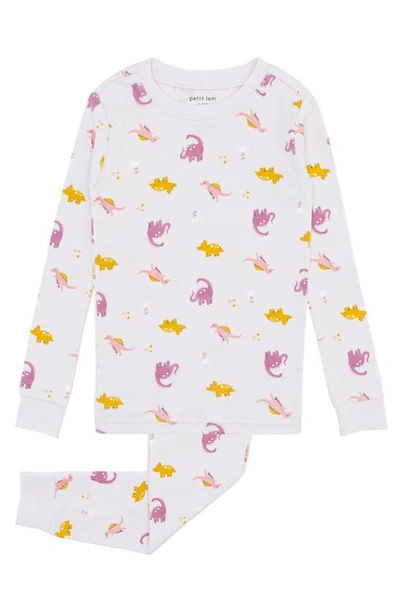 Shop Petit Lem Dino Print Fitted Organic Cotton Two-piece Pajamas In 701 Light Purple