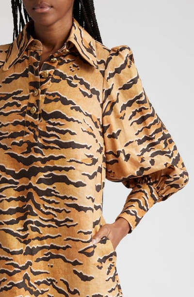 Shop Zimmermann Matchmaker Long Sleeve Linen Tunic Dress In Tan Tiger