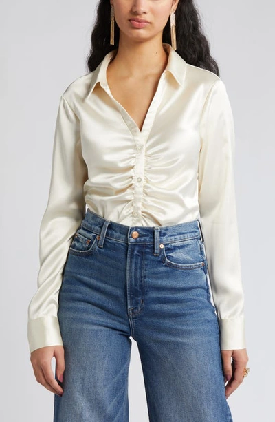 Shop Open Edit Cinched Satin Shirt In Ivory Dove