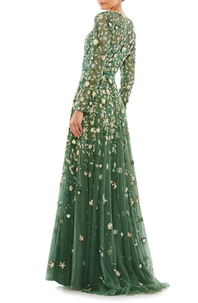 Shop Mac Duggal Floral Sequin Long Sleeve A-line Gown In Sage