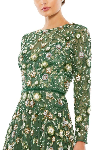 Shop Mac Duggal Floral Sequin Long Sleeve A-line Gown In Sage