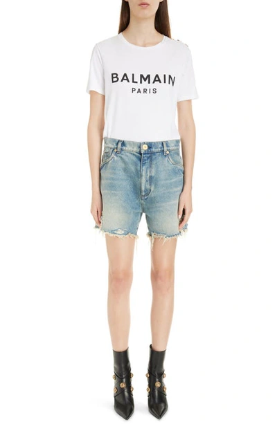 Shop Balmain Logo Crop Cotton Graphic T-shirt In Gab White/ Black