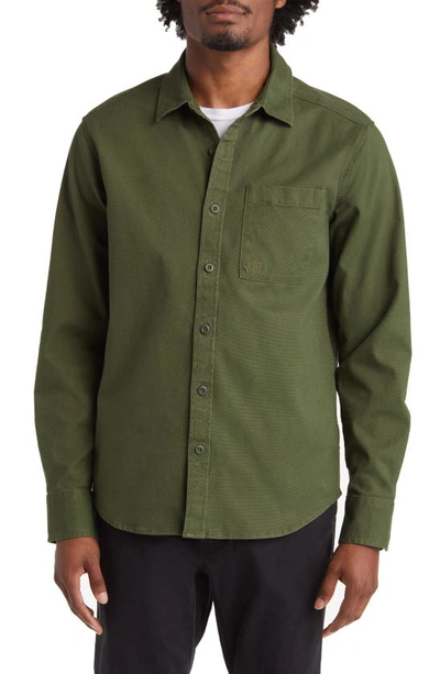 Shop Topo Designs Dirt Shirt Solid Stretch Organic Cotton Button-up Shirt In Olive