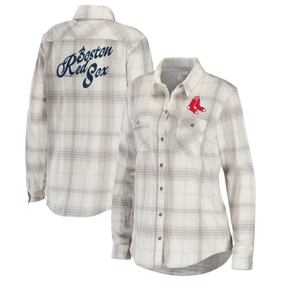 Shop Wear By Erin Andrews Gray/cream Boston Red Sox Flannel Button-up Shirt