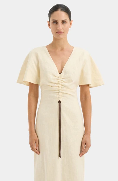 Shop Sir Josefina Ruched Flutter Sleeve Linen Dress In Creme