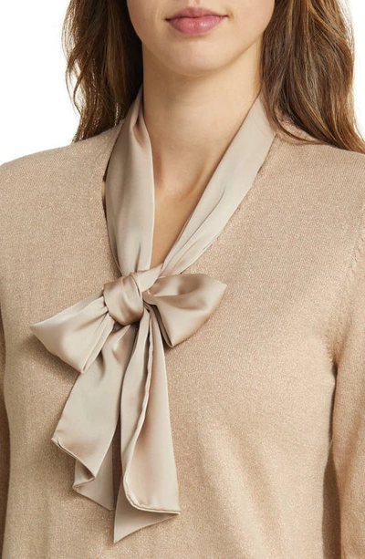Shop Anne Klein Tie Neck Layered Mixed Media Sweater In Light Coffee/ Latte