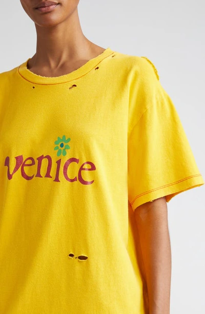 Shop Erl Gender Inclusive Venice Distressed Cotton & Linen Graphic T-shirt In Yellow
