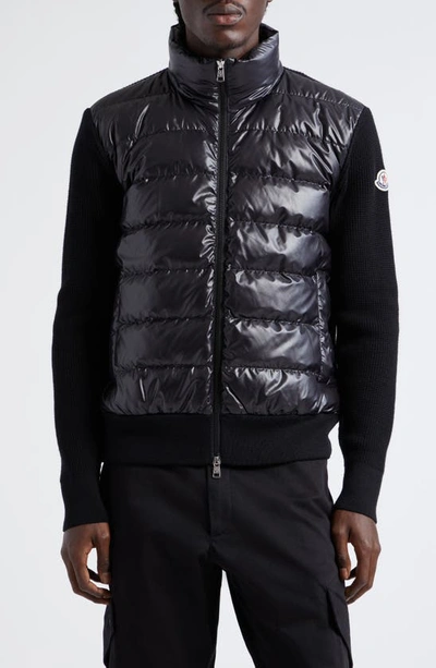 Shop Moncler Quilted Mixed Media Down & Wool Cardigan In Black