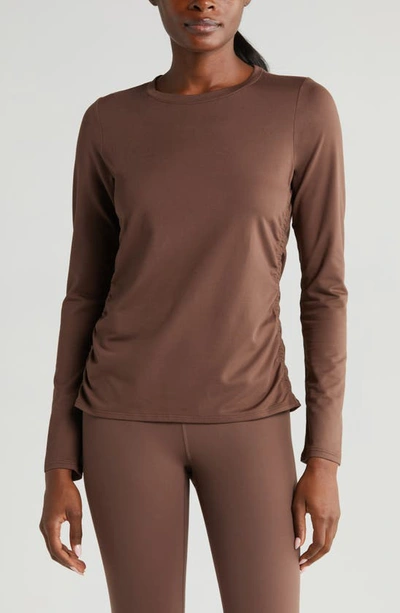 Shop Zella Ruched Long Sleeve T-shirt In Brown Fawn