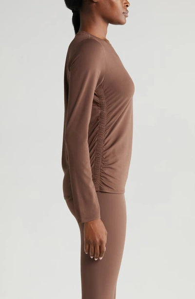 Shop Zella Ruched Long Sleeve T-shirt In Brown Fawn